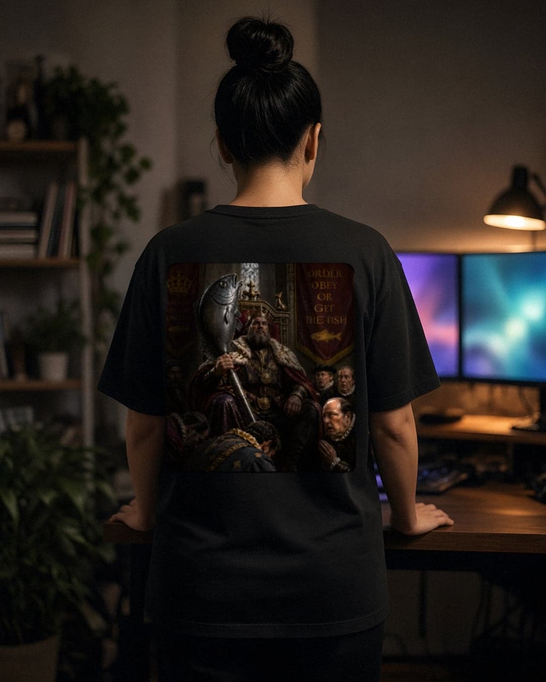AI-generated image: a person seen from behind at a gaming desk, wearing the RAIDFISH STUDIOS Rule with an Iron Fish tee
