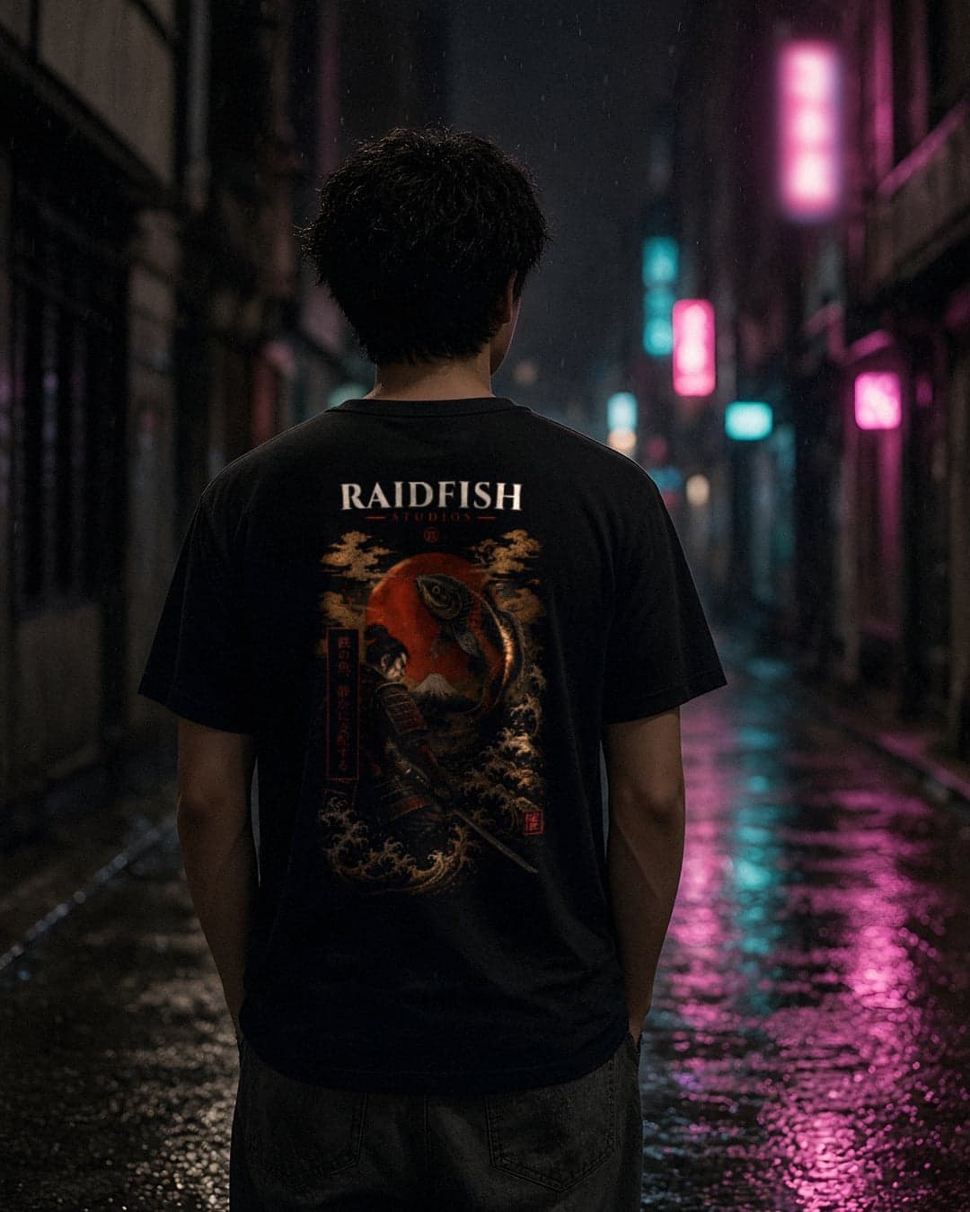 AI-generated image: a person seen from behind on a rain-soaked neon street, wearing the RAIDFISH STUDIOS Samurai's Resolve tee